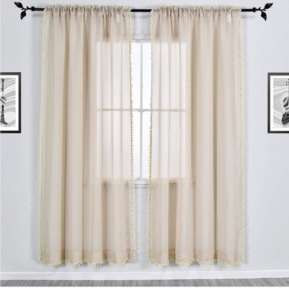 Red Pom Pom Sheer Curtain x Includes 2 Curtains - Picture 4 of 7